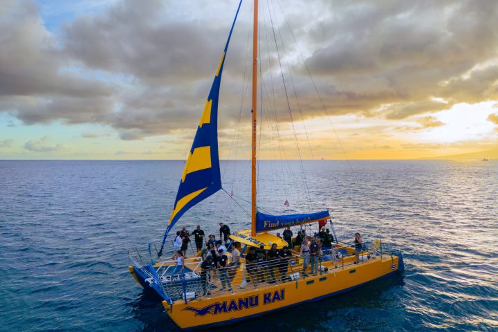 Yellow catamaran with passengers sailing at sunset on the ocean.